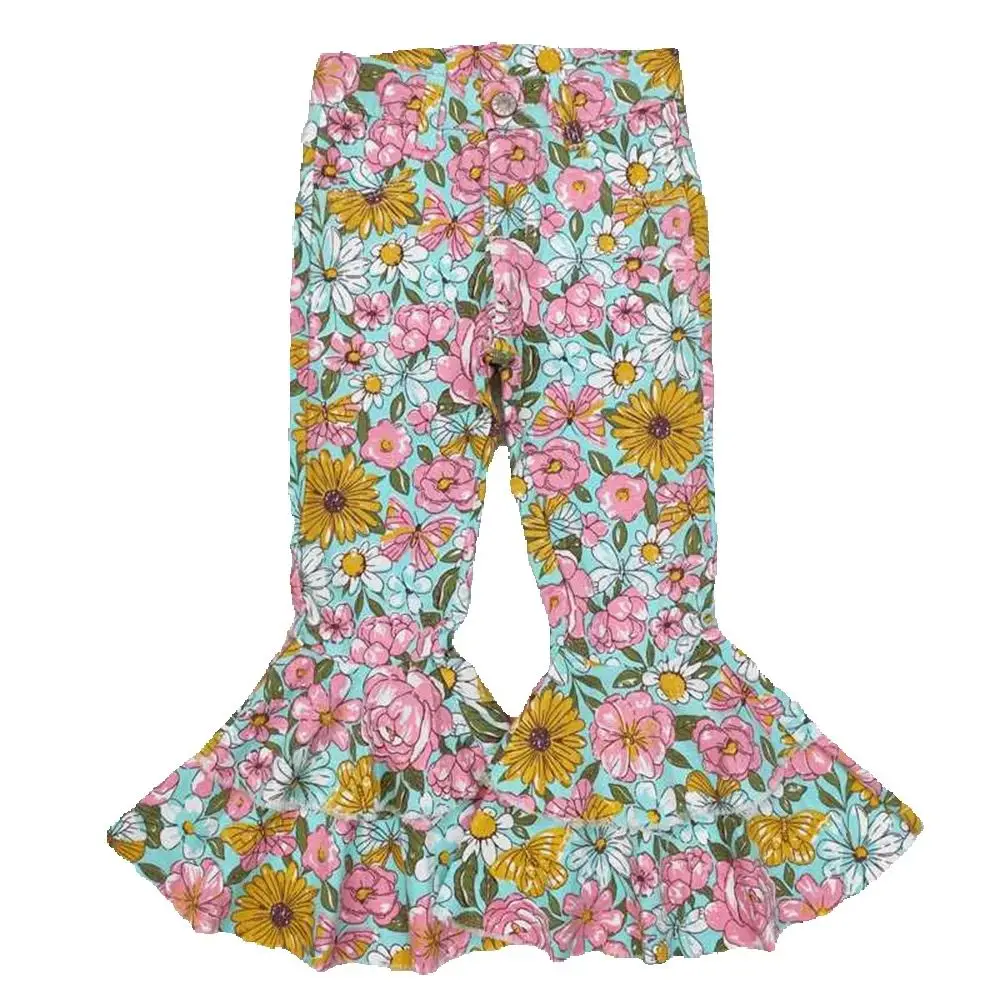 

9.9 P0633 Floral Pink Yellow Green Denim Jeans Long Pants for Women Casual High Waist Trousers