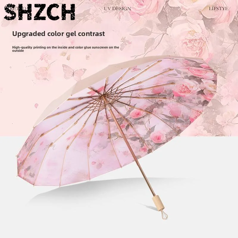 Alloy reinforced enlarged 16-bone sun umbrella sun protection UV protection women's weather and rain color glue parasol