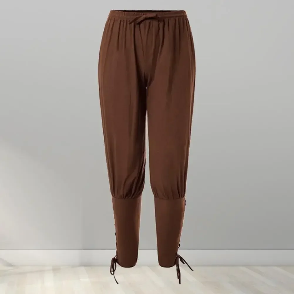 Pantaloni da pirata medievali per uomo adulto Costume da cavaliere in lino Leggings larghi Pantaloni con fasciatura per le gambe da navigatore nero