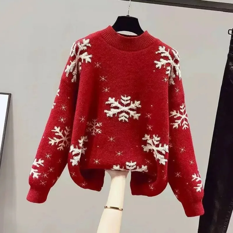 

Christmas Womens Sweater Snowflake Embroidered Half High Collar Knitwear Sweaters 2023 New Autumn Winter Long Sleeve Pullover