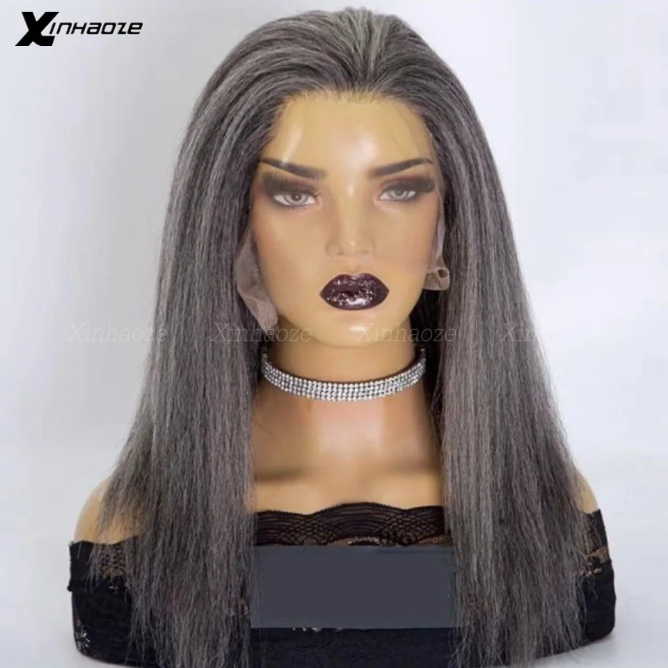 

Salt and Pepper Straight Colored Lace Front Wig Silver Grey And Black Highlight 13x4 Human Hair Lace Frontal Wigs for Women