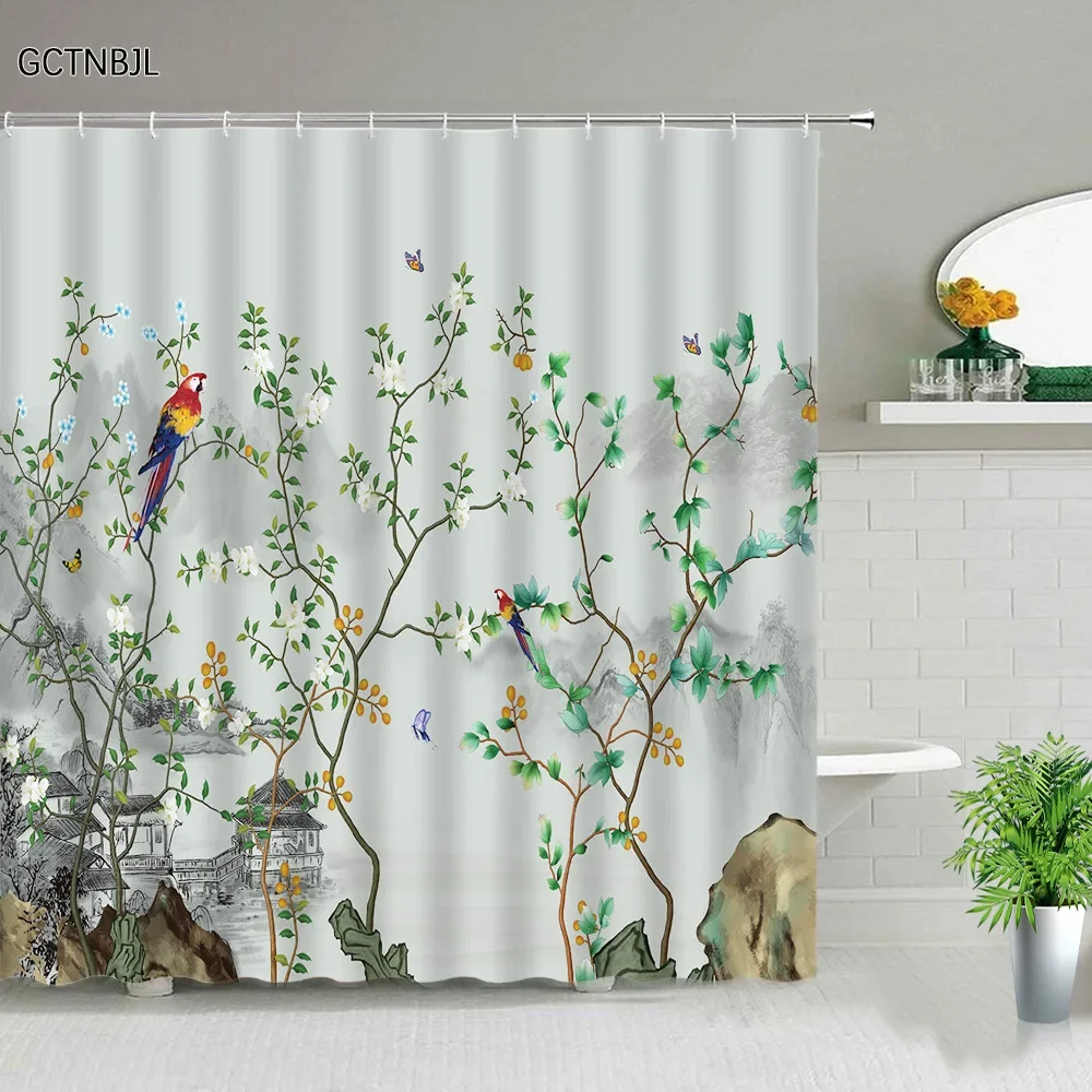 

Flower Birds Shower Curtains Plant Peach Blossom Bamboo Branch Floral Butterfly Art Landscape Fabric Bathroom Decor Bath Curtain