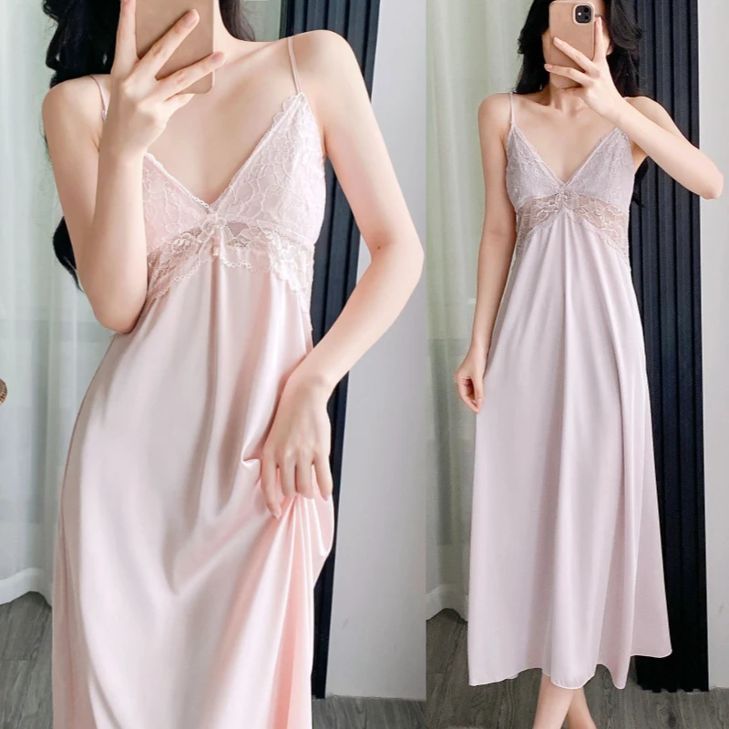 

Lace Suspender Nightgown Sleepwear Women Silky Satin Nightdress Sexy Strap Sleepdress Nightwear Summer Home Wear Gown Lingerie
