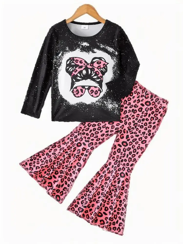 

Autumn new girls' round neck leopard print bow girl print set