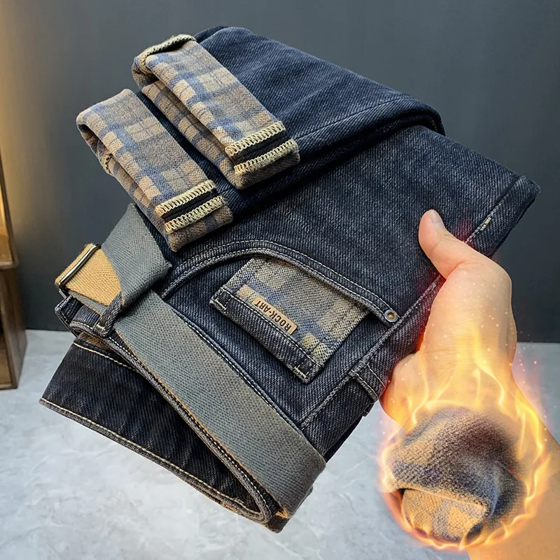 Fleece Padded Jeans Men\'s Winter High-End Fashion Skinny Pants Men\'s Casual Stretch Fleece Trousers pants