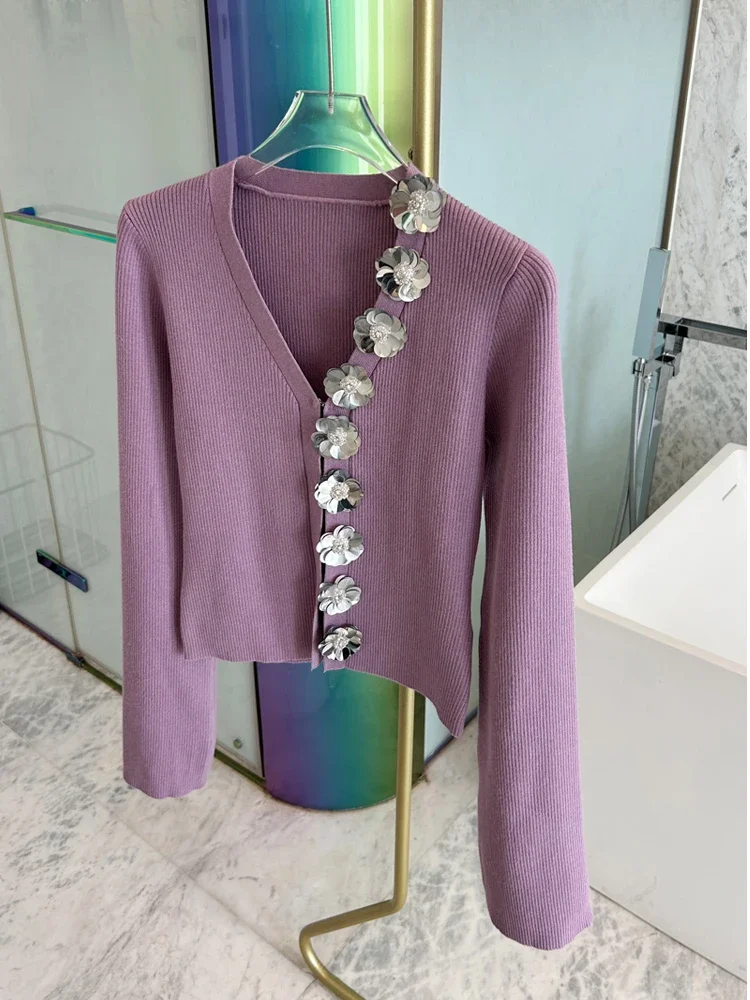 Sexy Buckle V-neck Sequins Three-dimensional Flowers Long-sleeved Slim Bodycon Sweater Cardigan Women Knitted Shirt Top  C-290