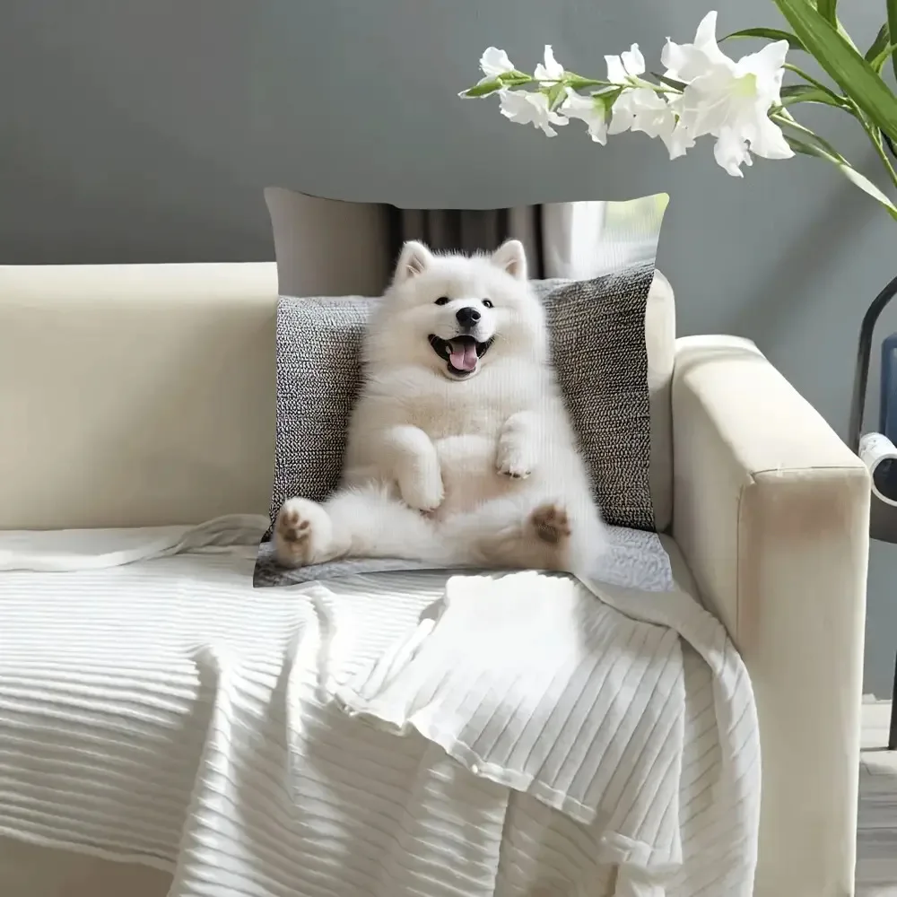 1pc Cute Samoyed Dog Double‑Sided Print Pillow Cover, Cushion Case for Sofa Bedroom, Insert Not Included, Home Decor