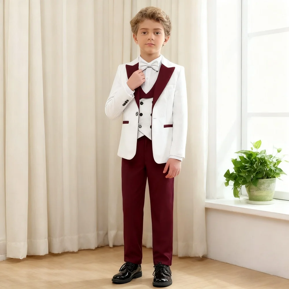 

Hot Selling Elegant Boys Slim Fit Suit Set 4 Piece 3-14 Years Blazer Vest Pants Bow Tie Kids Graduation Wedding Formal Party