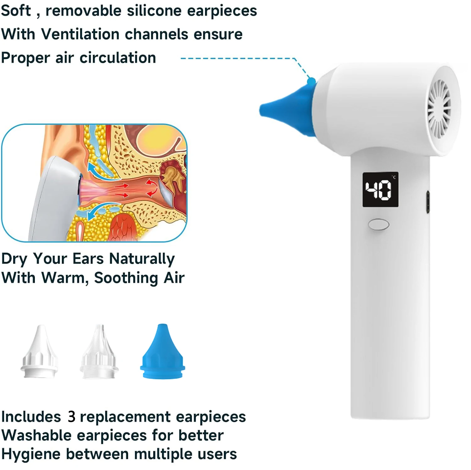 Ear Dryer Rechargeable Ear Water Remover Soothing Electronic Warm Air Ear Care Products with 3 Ear Tips for Ear Cleaning