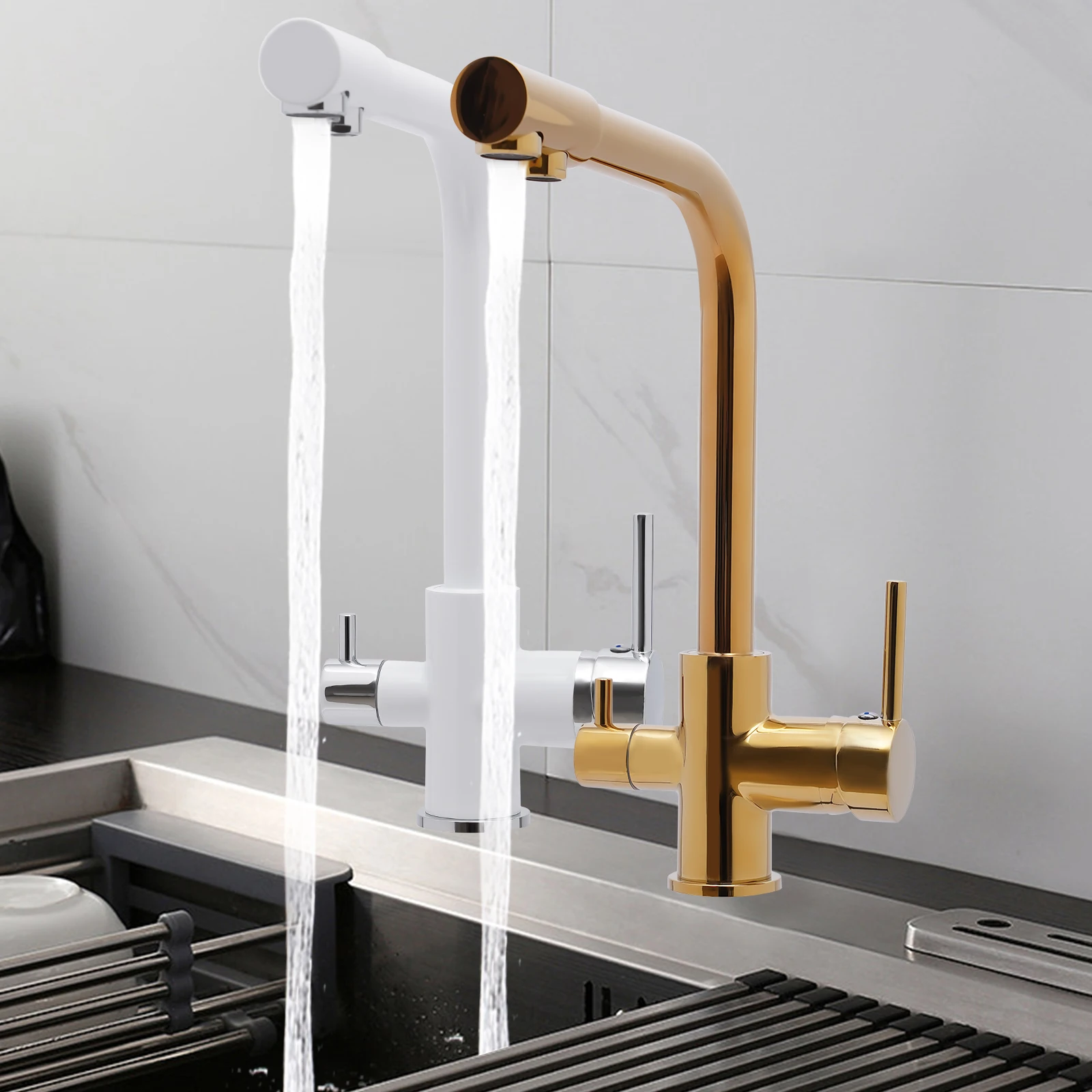 360° Rotating Faucet 3-way Kitchen Faucet Adjustable Temperature 304 Stainless Steel Ceramic Valve Core White/Gold