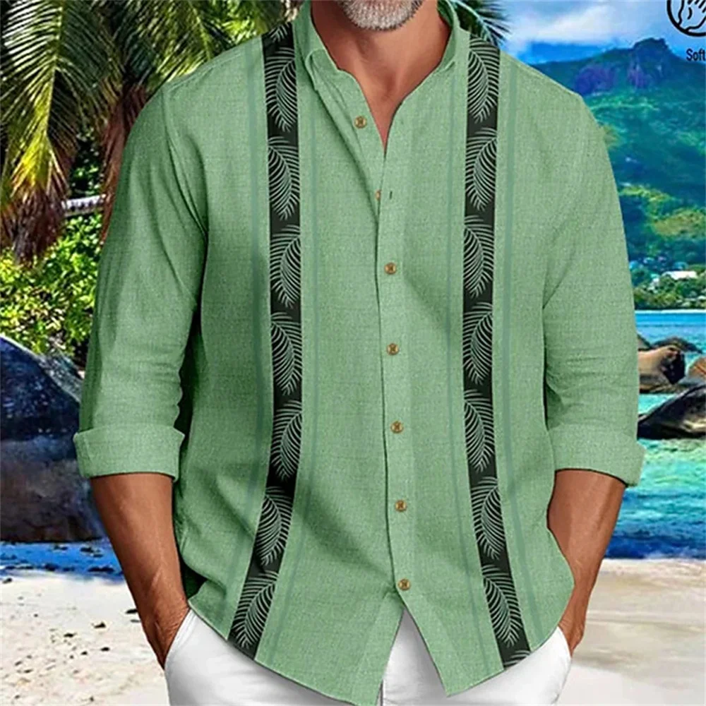 

New Men Ethnic Style Long Sleeved Shirt Solid Color Lines 3D Printed Lapel Button up Shirt Fashionable Casual Vacation Clothing