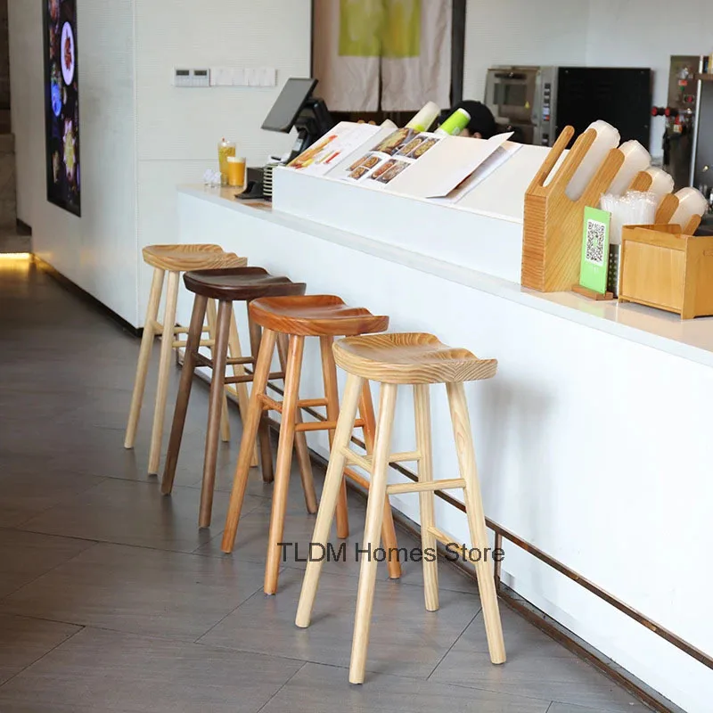 Sillas de Bar nórdicas de madera maciza para el hogar, mostrador de cocina, taburete alto de diseño minimalista para cafetería, recepción, recepción