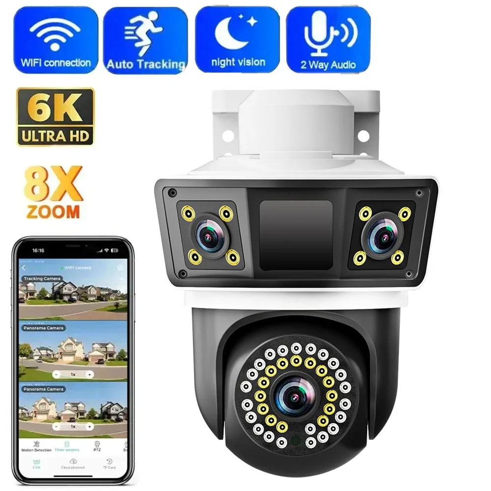 

12MP Three Lens PTZ IP Camera Outdoor 6K HD Three Screen WiFi Security Cam Auto Tracking 4K Dual Len Wirelss CCTV Cameras