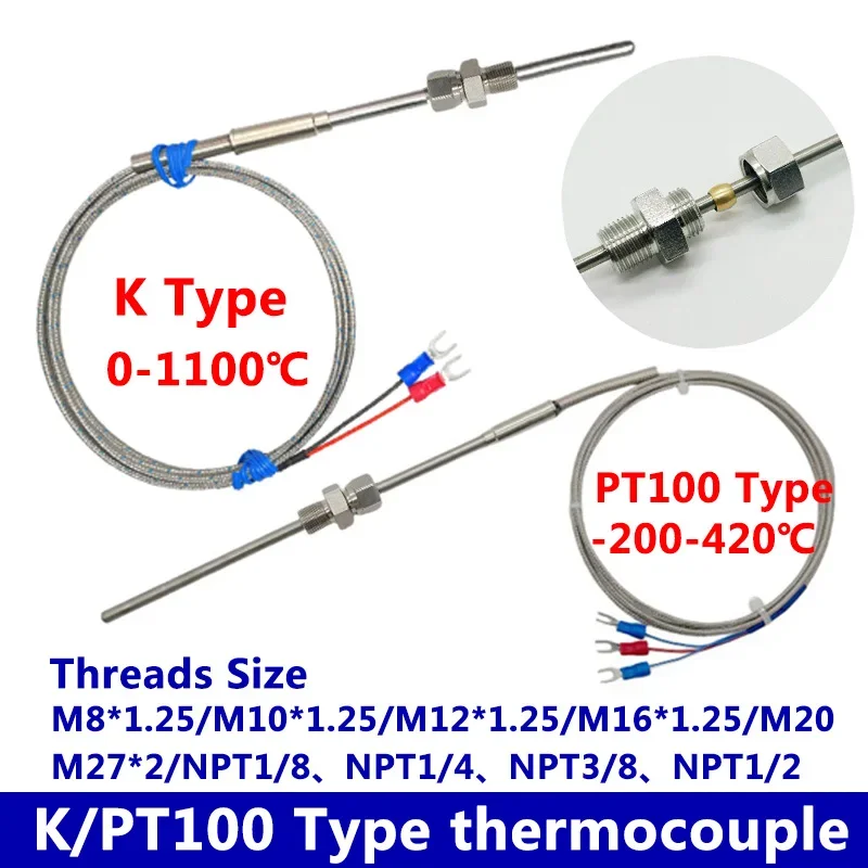 1100 Degree K/PT100 Type Ungrounded 3-12mm/Threads Size NPT1/4-NPT3/8-NPT1/2 Controller Sheathed Thermocouple Temperature Sensor