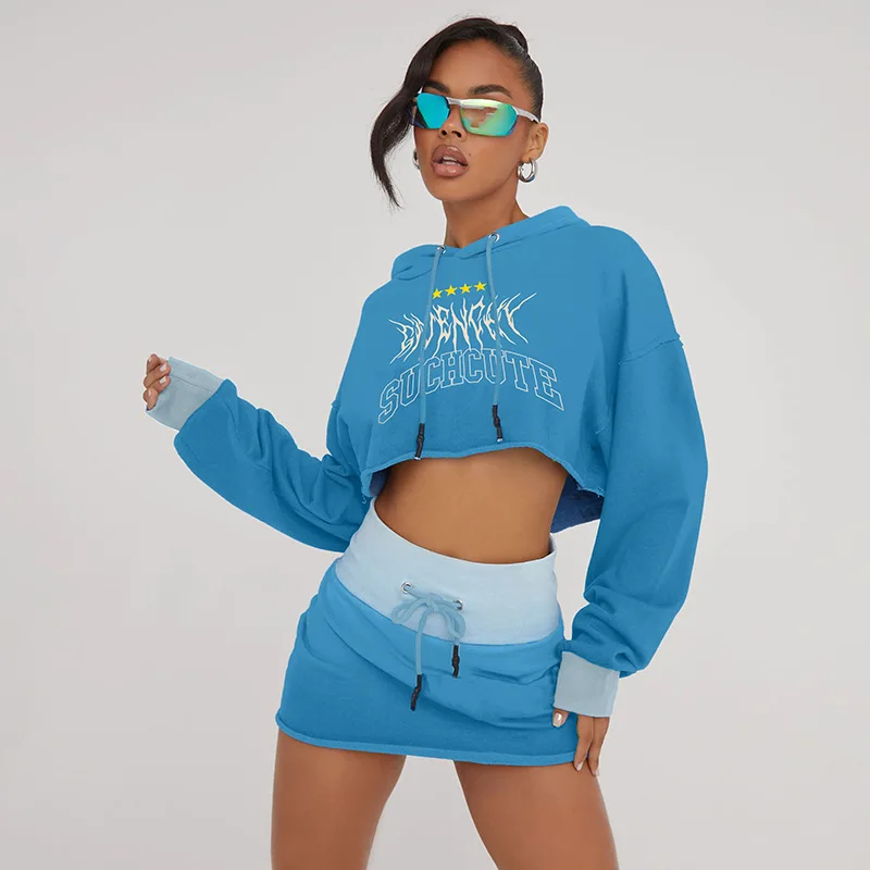 Letter Print Personalized Street Hooded Short Style With ExposEd Navel Long Sleeved Hoodie, HigH Waisted And Buttocks Wrapped