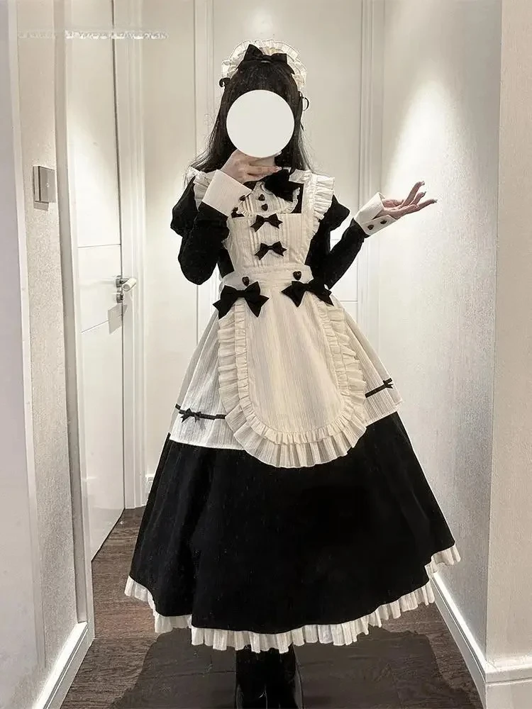 

Gothic Maid Style Contrast Doll Collar Long Dress Elegant Lolita Sweet Girls Waist OP Dresses Black and White
