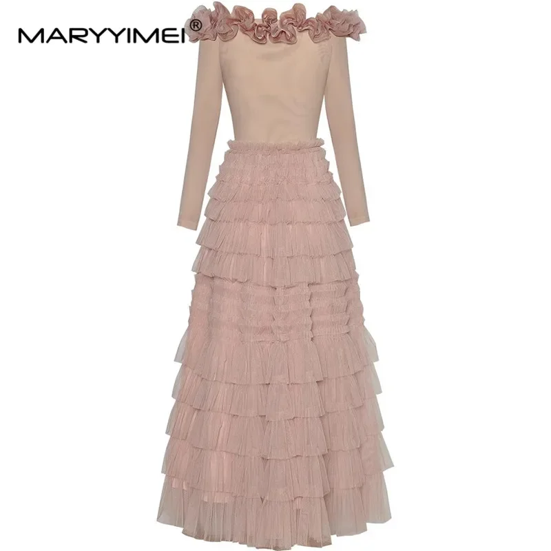 MARYYIMEI 夏の女性の夜会服ドレス スラッシュネック 長袖 メッシュスプライシング ティアードフリル ビッグスイングパーティードレス