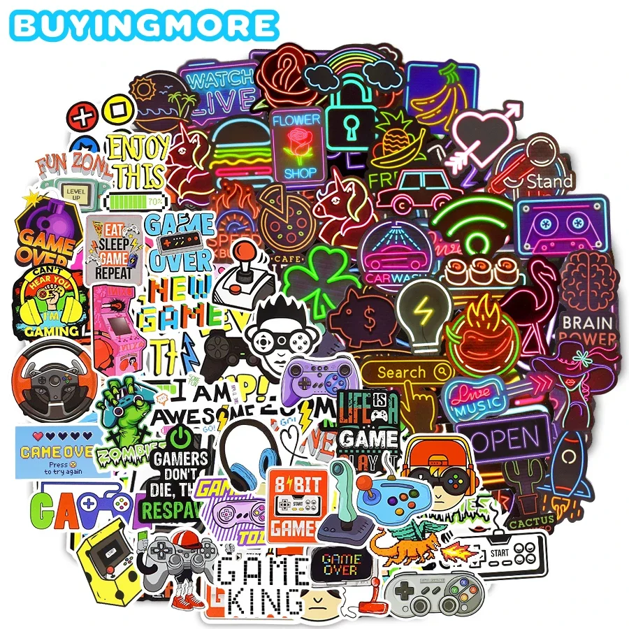 

100PSC Neon Light Stickers for Laptop Suitcase Guitar Fridge Motor Helmet Waterproof Vintage Game Sticker Cartoon Funny Decals