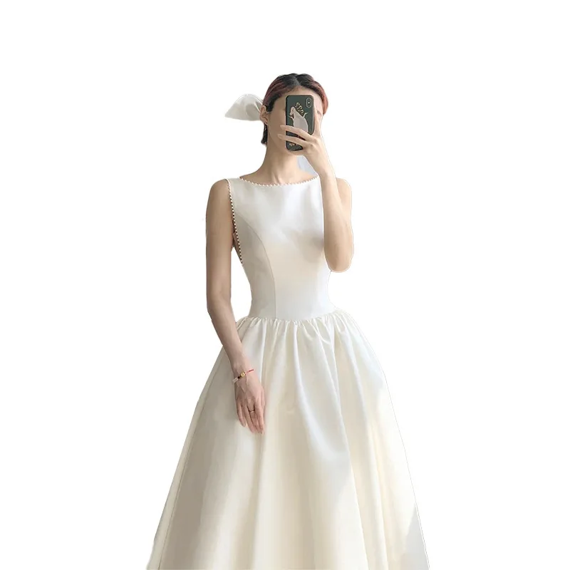 N130 Customized Satin White Dress Backless Bow Sweet Memory Graduation Gown Girl Fashion A-Line Sexy Sleeveless Wedding Dresses