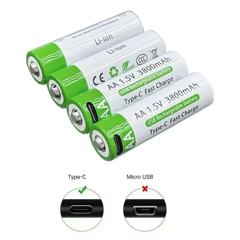 شحن سريع بطارية ليثيوم أيون 1.5 فولت AA بسعة 3800 مللي أمبير وبطارية ليثيوم USB قابلة لإعادة الشحن للوحة مفاتيح الألعاب