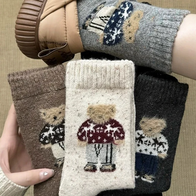 

3 пары носков, носки до середины икры с милым медвежонком, утолщенные на осень и зиму, теплые шерстяные носки с напуском