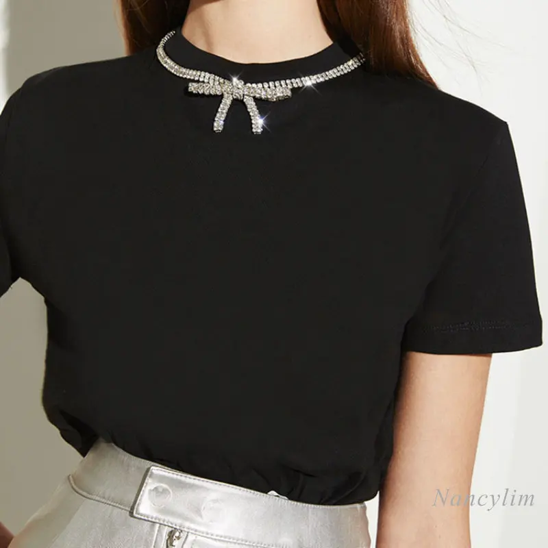 

2023 Summer Black Short-Sleeved T-shirt Bowknot Crystal T-shirts Women's Bottoming Top INS Trendy Diamond-Embedded Pure Cotton