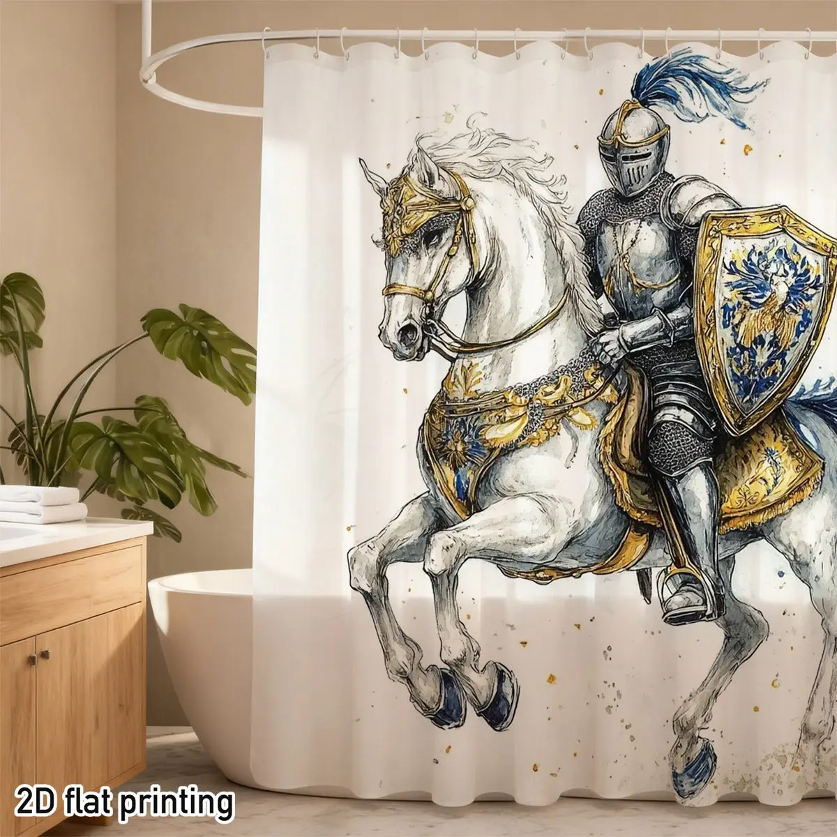 疾走する馬に乗った中世の騎士のシャワーカーテン-–-ブルー＆ゴールドの鎧、フェニックス付きの盾、白い背景、ポリエステル製12フック