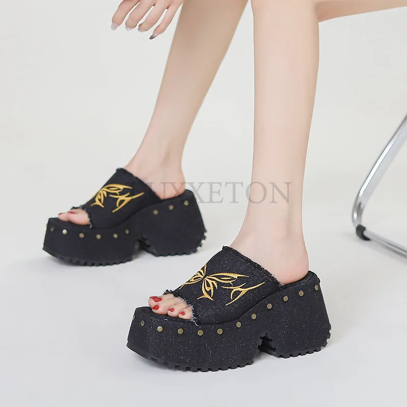 Platform Sandals for Women Denim Butterfly Fashion Metal Design Fashion Rivet Slip on Punk Sandasl Shoes Summer New Goth