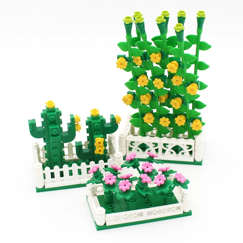 MOC Creative Garden with Cactus, Tulip, Sunflower, Vine Flower for Plant Building Small Particle Building Block Parts.