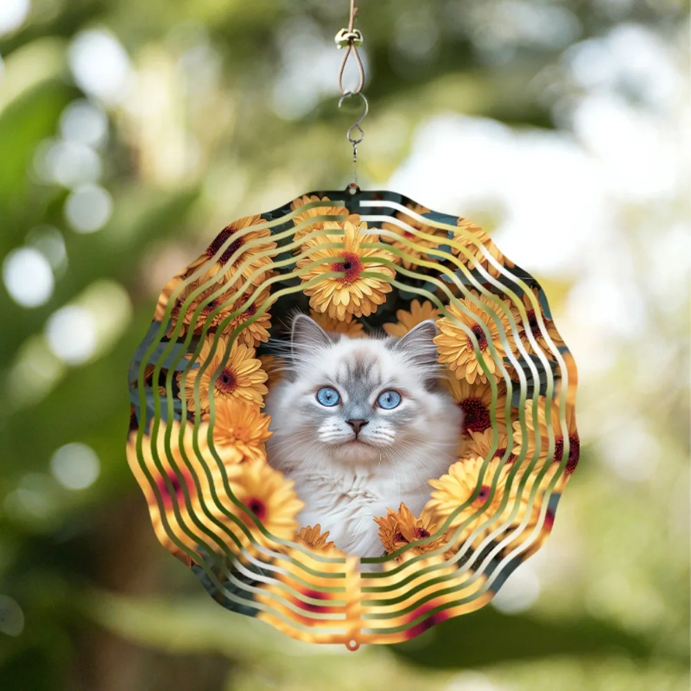 

Sunflower Cat Pattern Wind Spinner Rotating Hanger Garden Art Outdoor Decor Metal 3D Hooks for Lawn Patio Yard Summer Gift