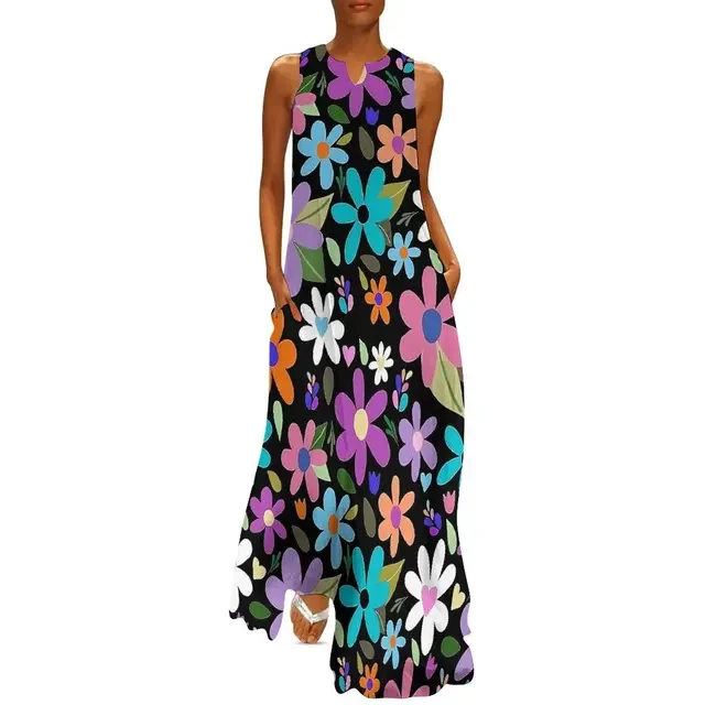 Flower Power Women Dress Summer Retro Floral Print Street Wear Bohemia Long Dress Womens Sleeveless Sexy Maxi Dress Big Size 3XL