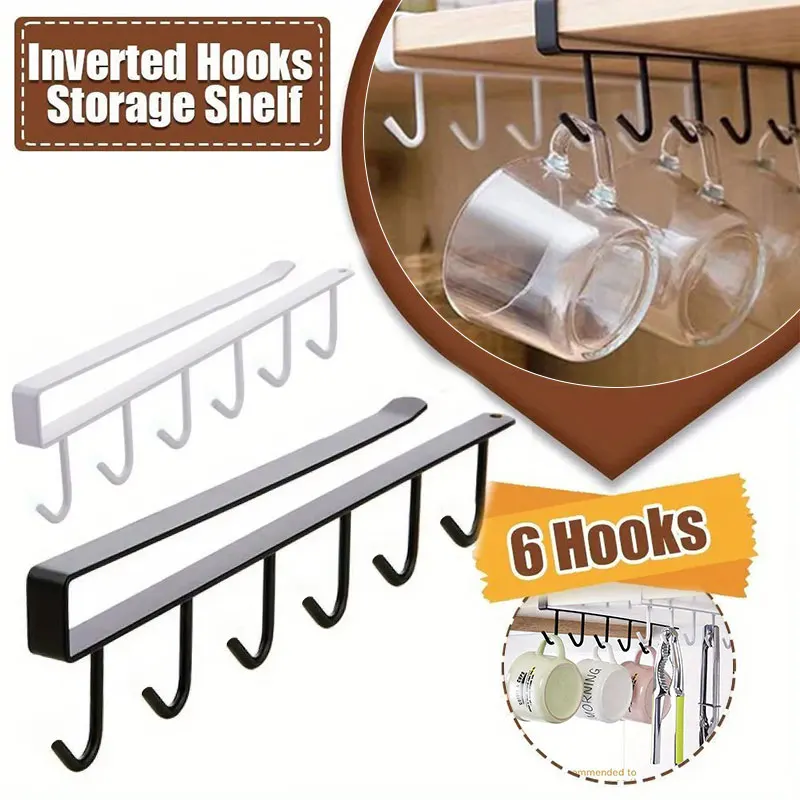 1pc prateleira de cozinha armazenamento roupas pendurado organizador suporte copo suporte caneca vidro 6 ganchos rack armazenamento