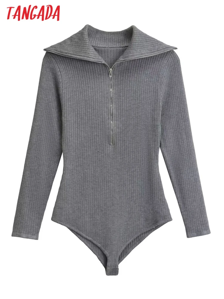 Tangada Women Gray Knitted Bodysuit Turtleneck Zipper Long Sleeve Female Overalls Bodysuits AI104