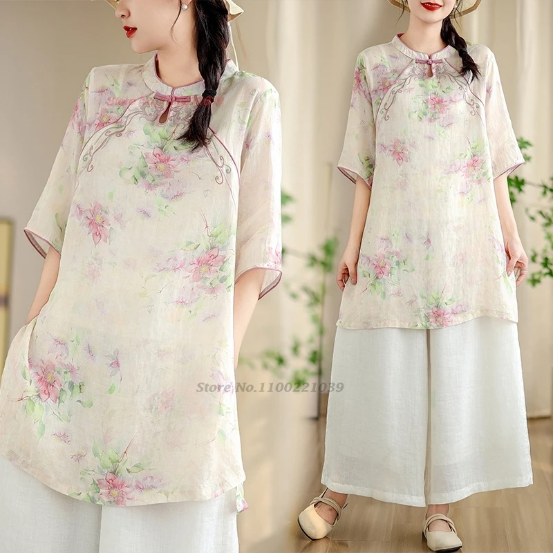 

2025 chinese vintage blouse national flower print stand collar folk blouse oriental ethnic hanfu tops improved qipao blouse
