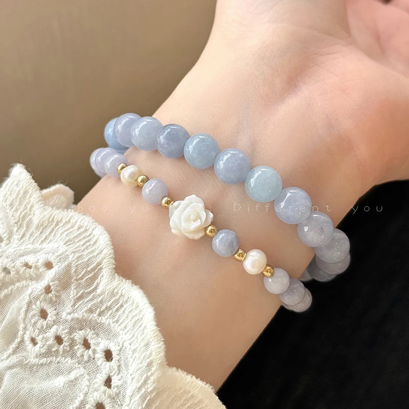 Aquamarine Camellia Natural Shell Bracelet for Women, High Aesthetic Student Friendship Jewelry, 2024 New Design