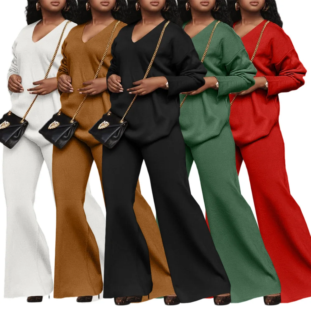 

Two Pieces Women Pant Sets Solid Matching Set V Neck Long Sleeves Top Full Length Wide Leg Pants Loose Thick Casual 2025 Autumn