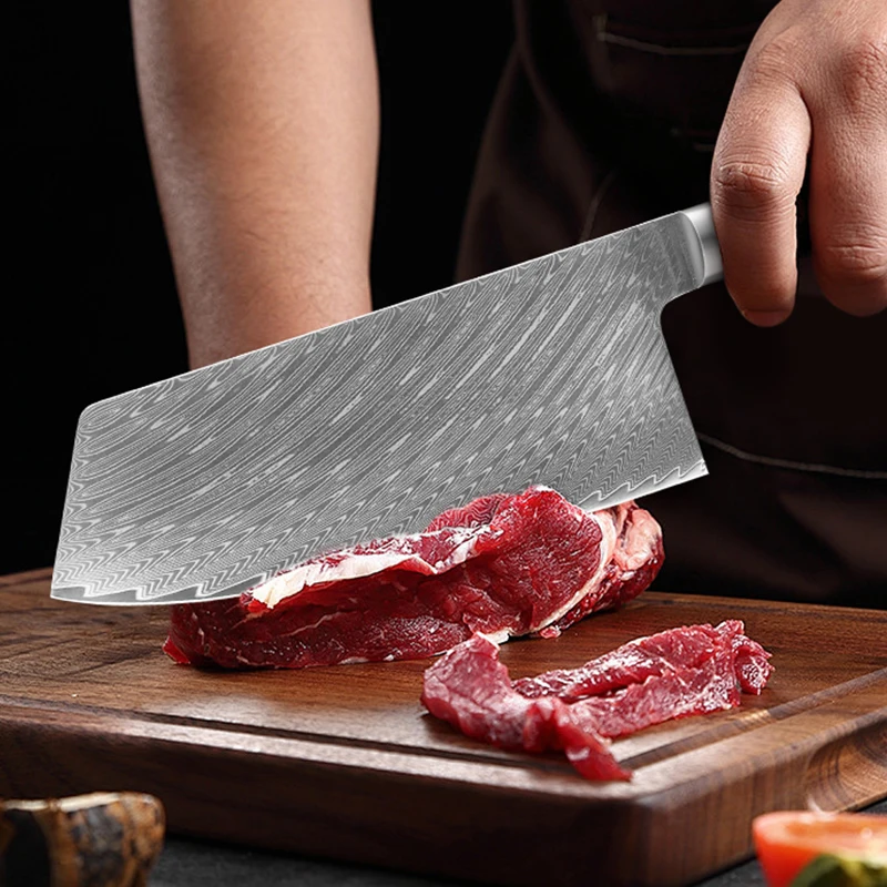 3PCS Damascus Steel Kitchen Knife Set, Ultra Sharp Chef Knife Cleaver Boning Knife, Black Resin and Colored Wooden Handle Cooki
