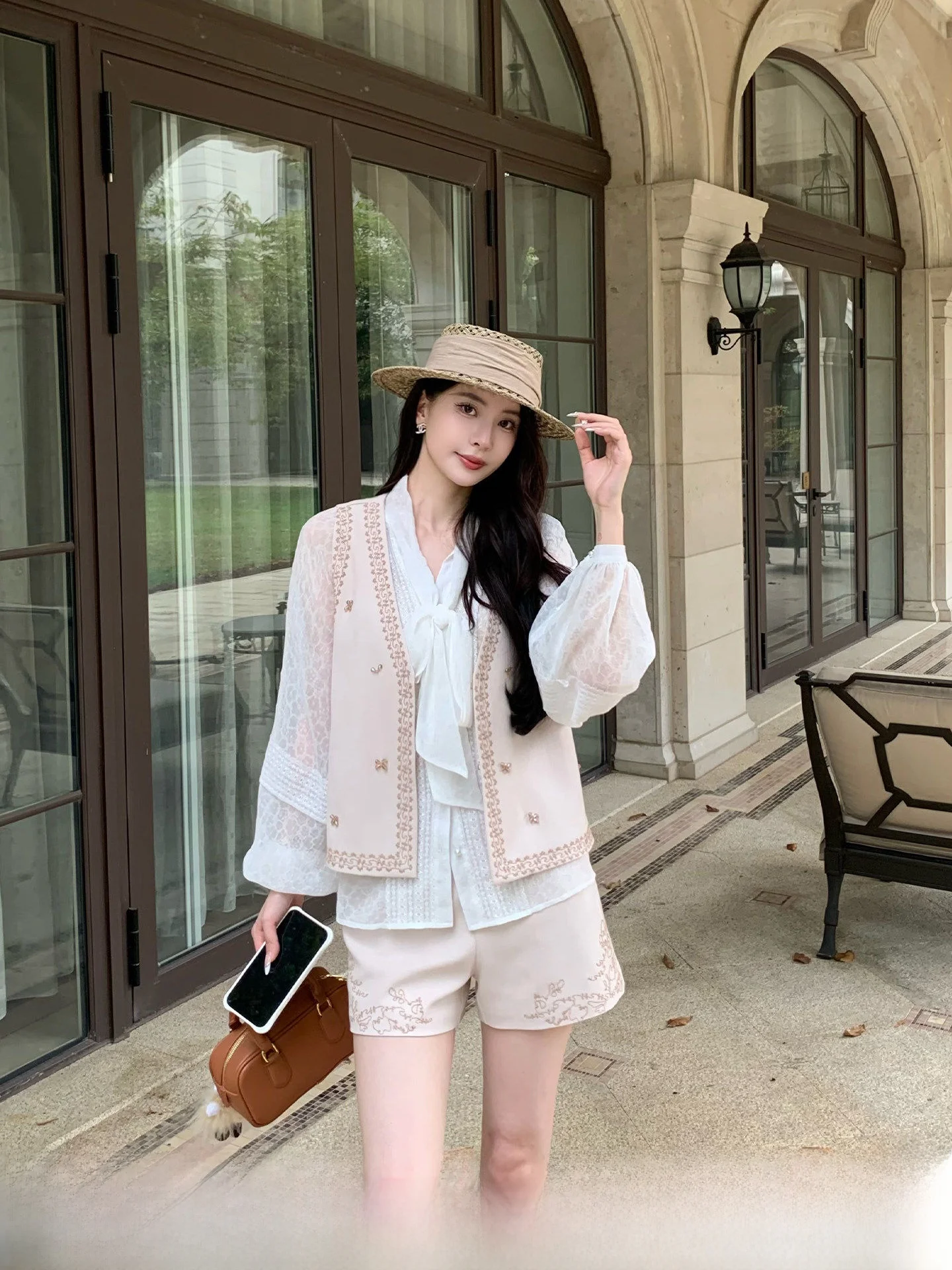 

Kun Total Women's Vest Set Vintage Brown ort Pants Two-Piece Suit Casual Sle Button Closure Spring Faion Ensemble
