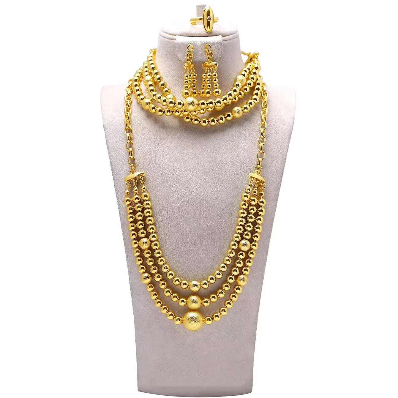 새로운 두바이 이탈리아 영국 24K 골드 도금 목걸이 귀걸이 반지 팔찌 약혼 파티 보석 연인을위한 선물 세트 YY10690