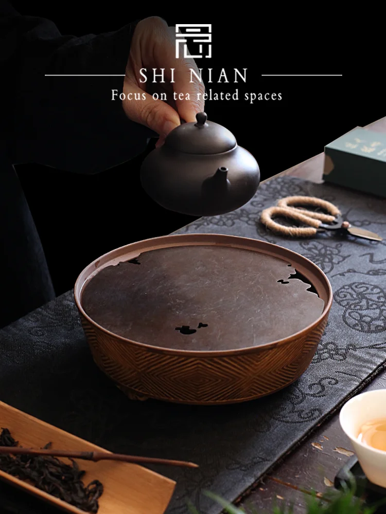 

Retro Aged Copper Cover Han Pot Tray Japanese Style round Tea Tray Wet Foaming Table Ceramic Material Dehua Origin