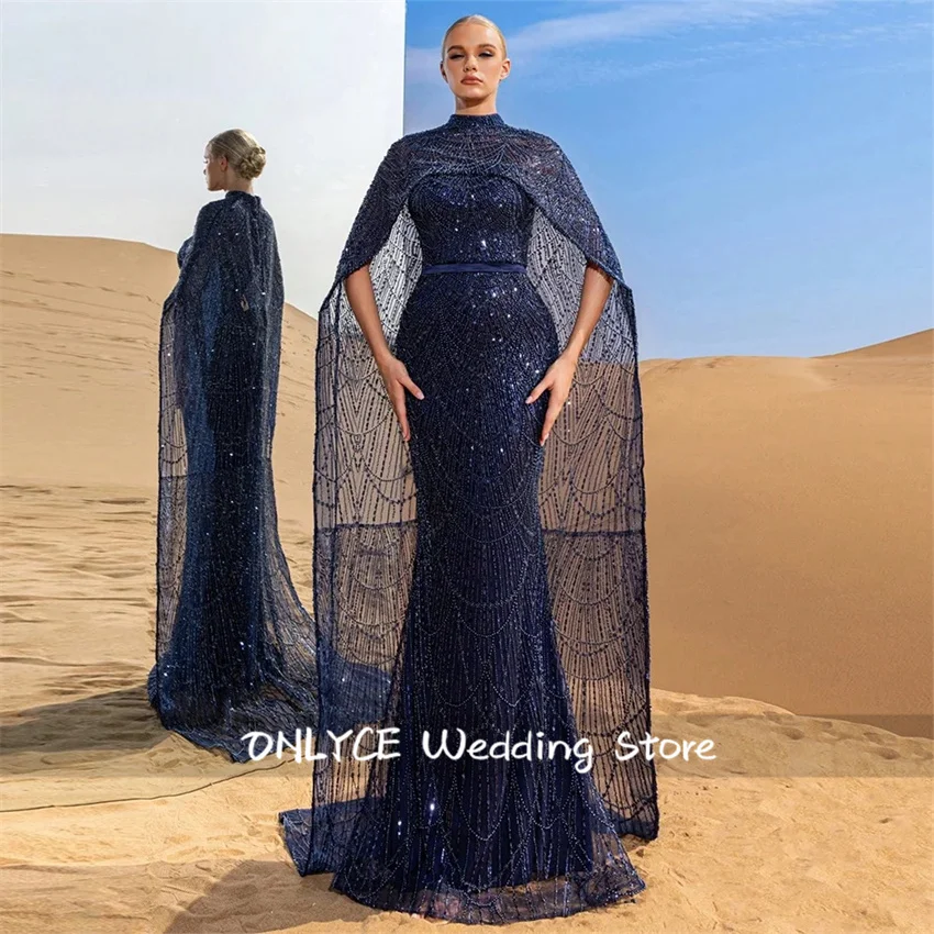 

Elegant Navy Blue Beaded Dubai Evening Dresses With Cape 2025 Wedding Gown Formal Prom Dress فساتين سهرة Customized