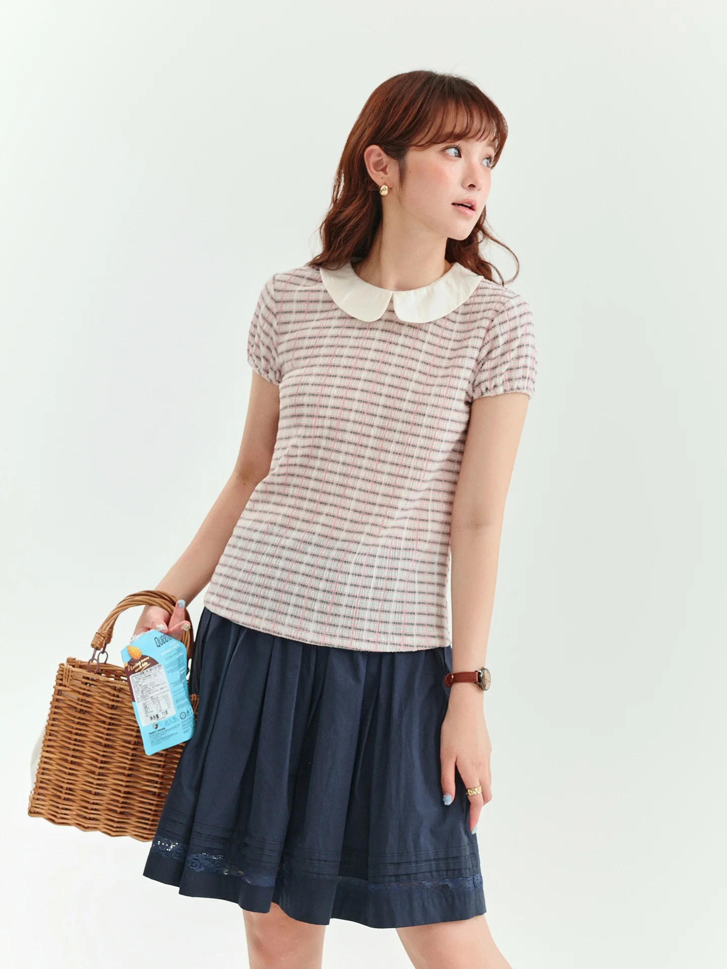 AMUU Original Texture Contrast Color Plaid Doll Collar Short Sleeve T-Shirt Women Summer New Style Youthful Korean Loose Fit