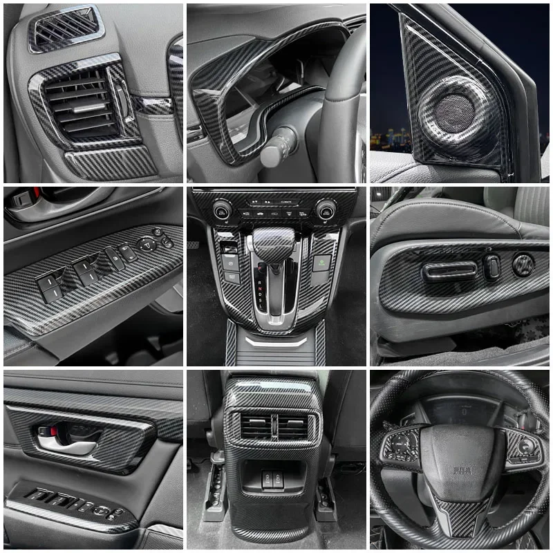 

For Honda CRV CR-V 2017 2018 2019-2021 Carbon Fiber Pattern Overlay on Dashboard, Door, Steering Wheel, Gearshift Interior Trim