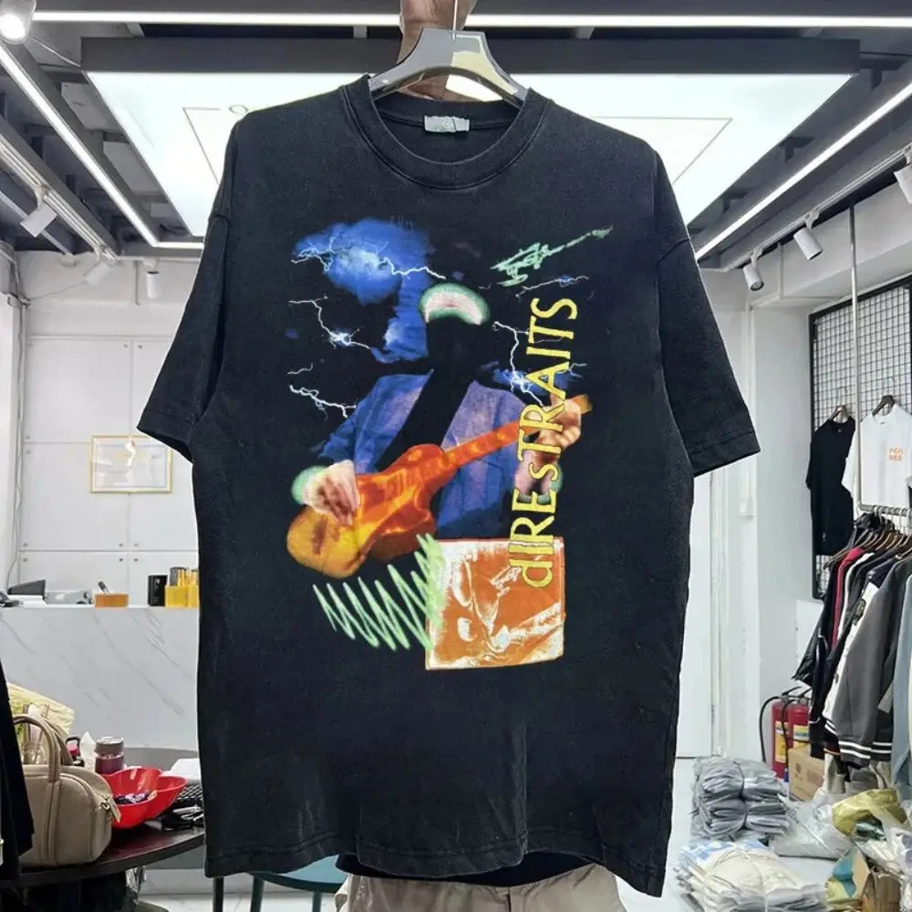 Camisetas negras con estampado de la banda Rock Vintage Band 1992 Dire Straits on Every Street, camisetas informales holgadas con estampado de manga corta para uso diario, unisex