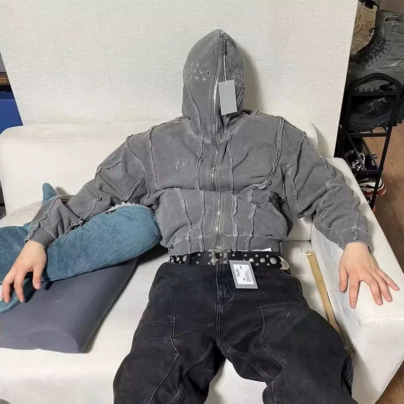 THUG CLUB VIBE Waed Wax Dyed Zipper ark Face Cover Open Cardigan Hoodie Heavy Design Sense Outerwear Casual Loose Fit