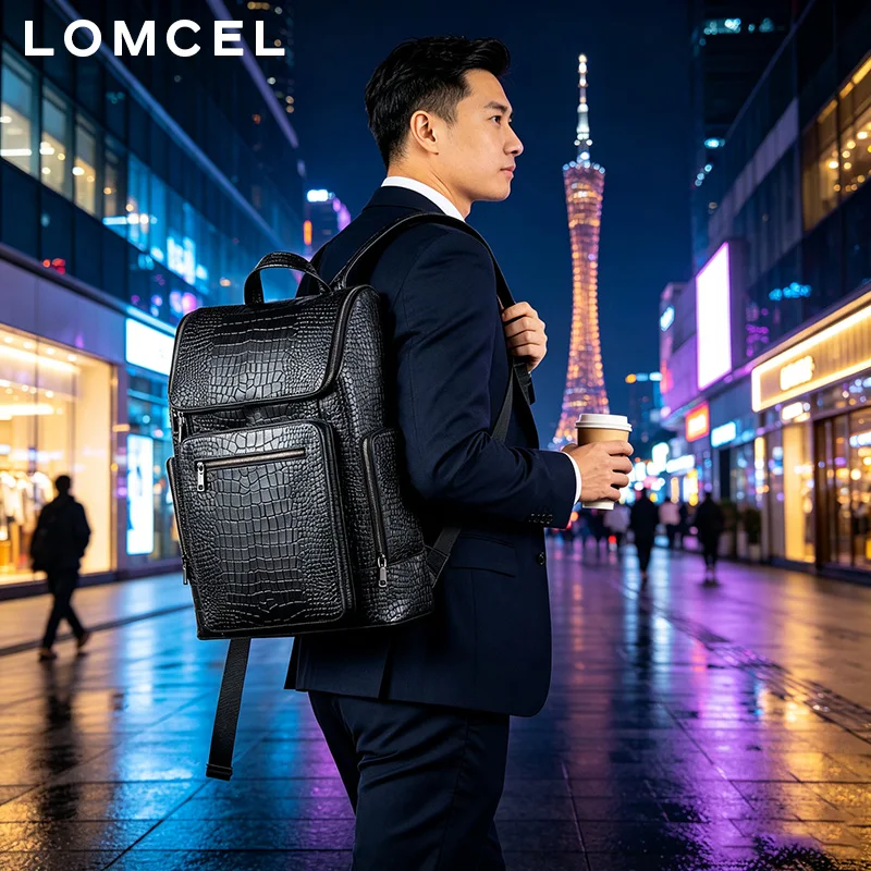 LOMCEL 27 New men's double-shoulder backpack, top-grade cowhide with crocodile pattern, travel and business computer backpack
