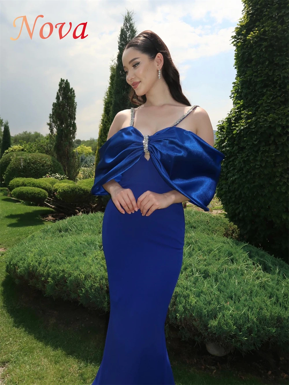 

Customized Mermaid Simple Off the Shoulder Celebrity Gowns Exquisite Blue Satin Evening Gowns Elegant Special Occasion Gowns