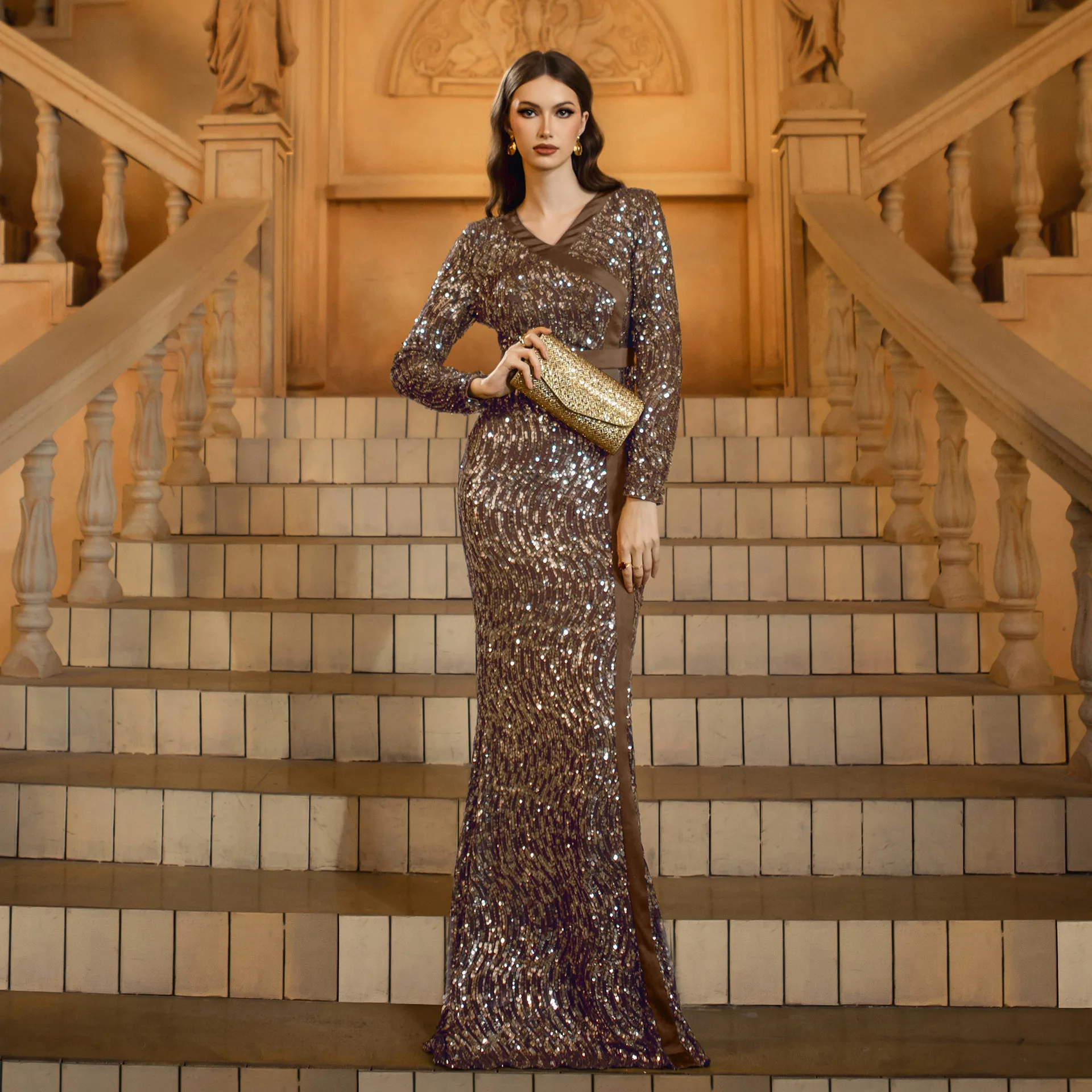 

Элегантное облегающее платье с длинным рукавом и V-образным вырезом для женщин Ближнего Востока, модное вечернее платье из полиэстера с завышенной талией, сексуальное платье для вечеринок