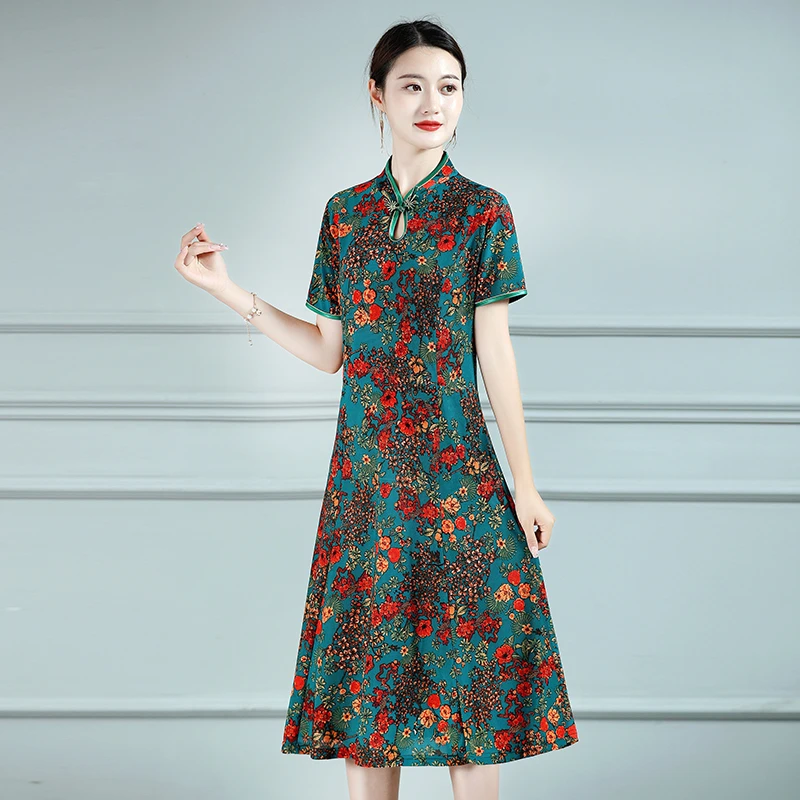 New Print Flower Dress Women Short Slim Cheongsam Chinese Traditional Stretch Dress Rayon Qipao Vestidos