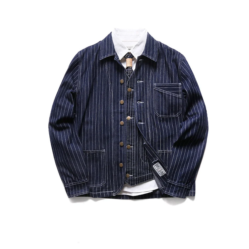 

Amekaji Tooling Railway Locomotive Stripe Jacket Outdoor Camping Labor Cargo Climbing Trekking Primary Color Denim Shirts Tops